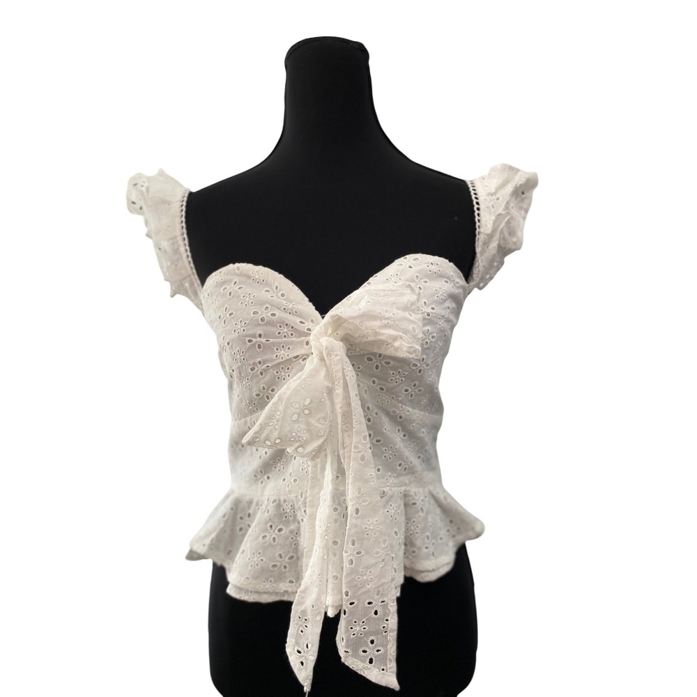 Fashion Nova Eyelet Crop Top Womens XL White Tie Front Ruffle Peplum Sweetheart